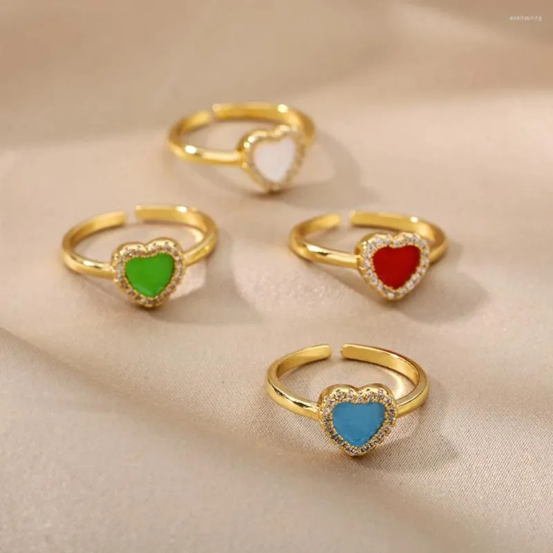 Anéis de cluster 4 cores diferentes coração para mulheres zircon pedra cristal forma ajustável anel de dedo cobre noivado jóias presente