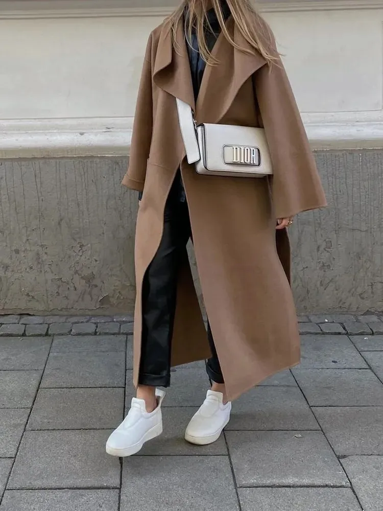 Women's Wool Blends Split Long Overcoat Female's Solid Lapel Cardigan Maxi Coat 2023 Autumn Sleeve Ladies Street Chic Outerwear 231031