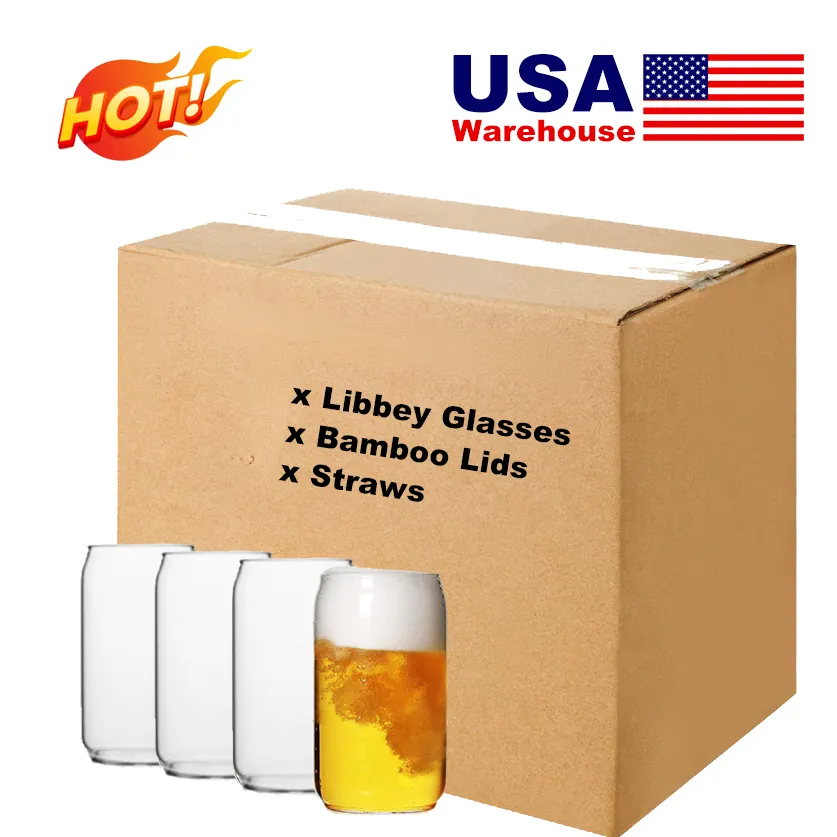 米国/CA倉庫16オンスのLibbey Beer Can Glass Cup Bamboo LidとStrawsカスタマイズされたビールグラスアイスコーヒーミルク