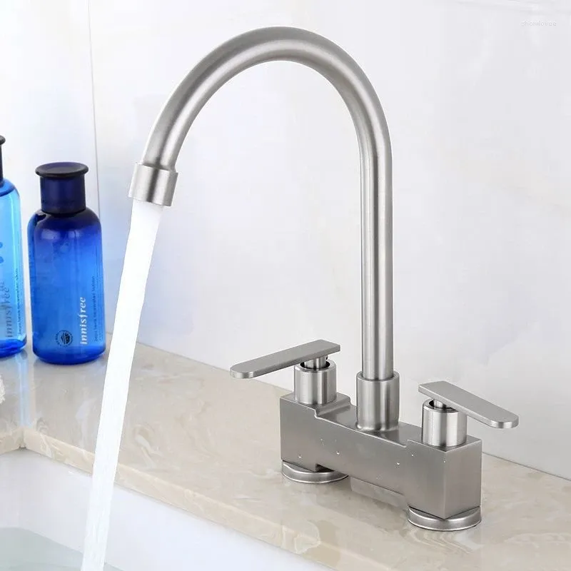 Kitchen Faucets Dual Handle Double Hole Faucet Zinc Alloy Stainless Steel Cold Water Sink Deck Mounted Mixer Plumbing Accessories