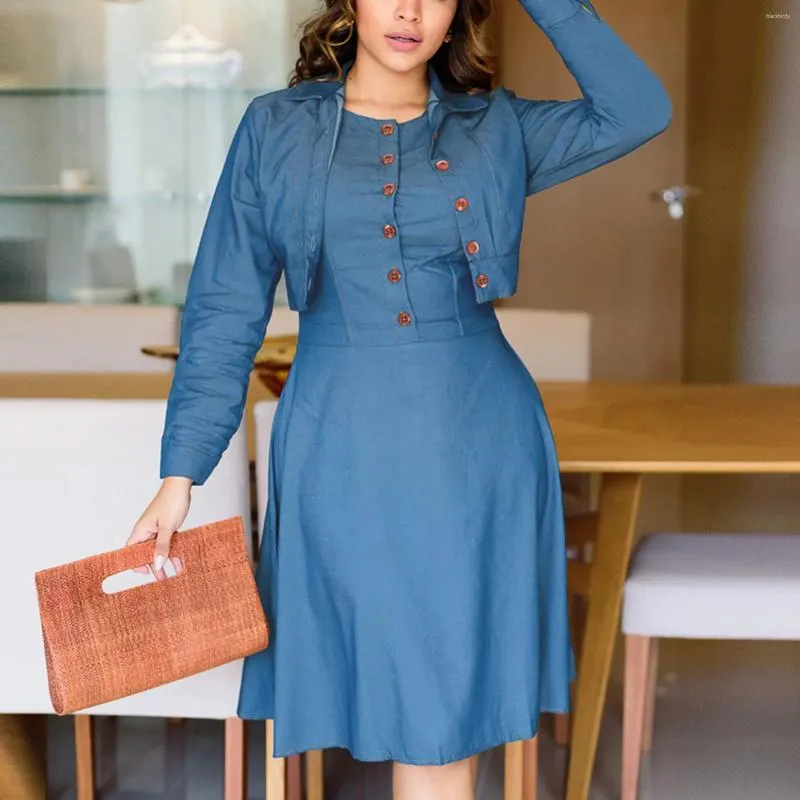 Casual Dresses Fashion Denim Blue Shirt Women Elegant 3/4 Sleeve Button Midi 2023 OL Slim Fit Two Piece Imitation Dress