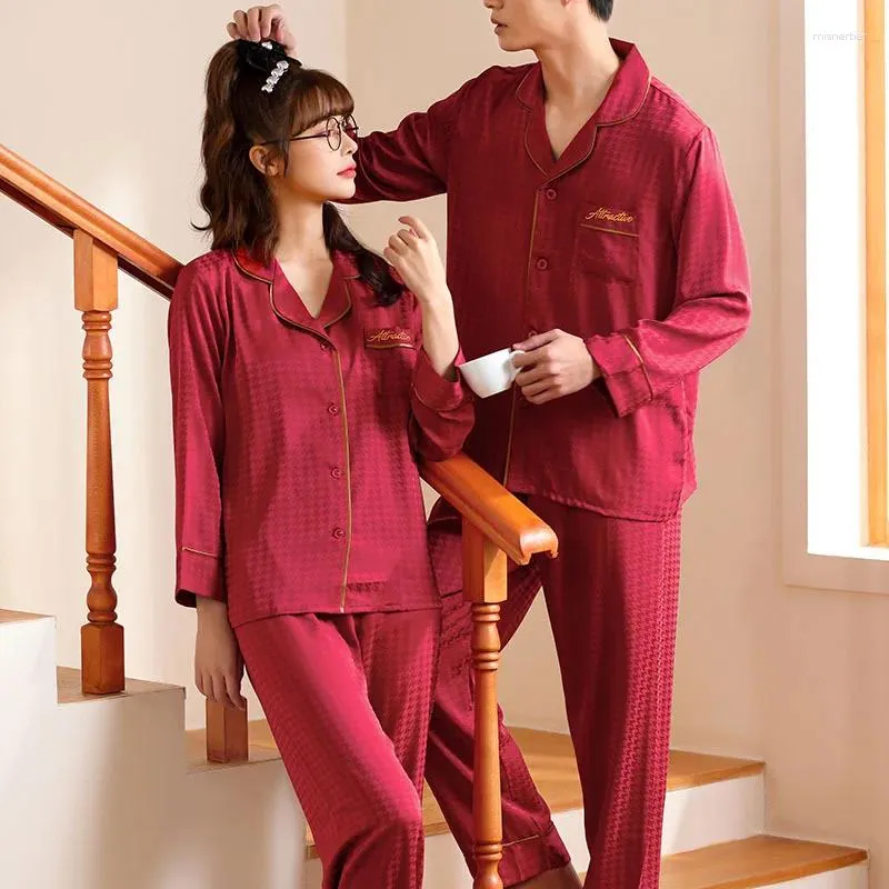 Women's Sleepwear Spring Autumn Casual Couple Women Men Houndstooth Jacquard Long Sleeve Shirt Pants Pajama Set Homewear Loungewear