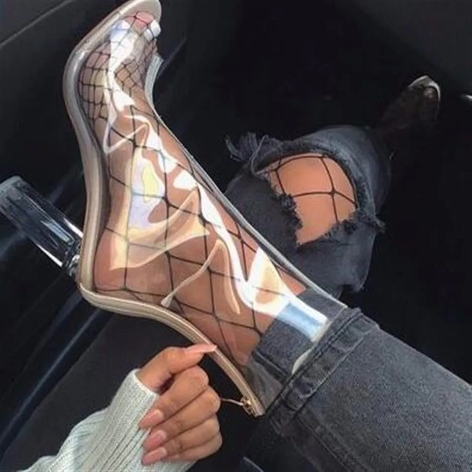 Sapatos transparentes Lady Geliques com celebridades da web Europeu e americano PVC Toe Botas de tornozelo com saltos grossos de cristal shi2295