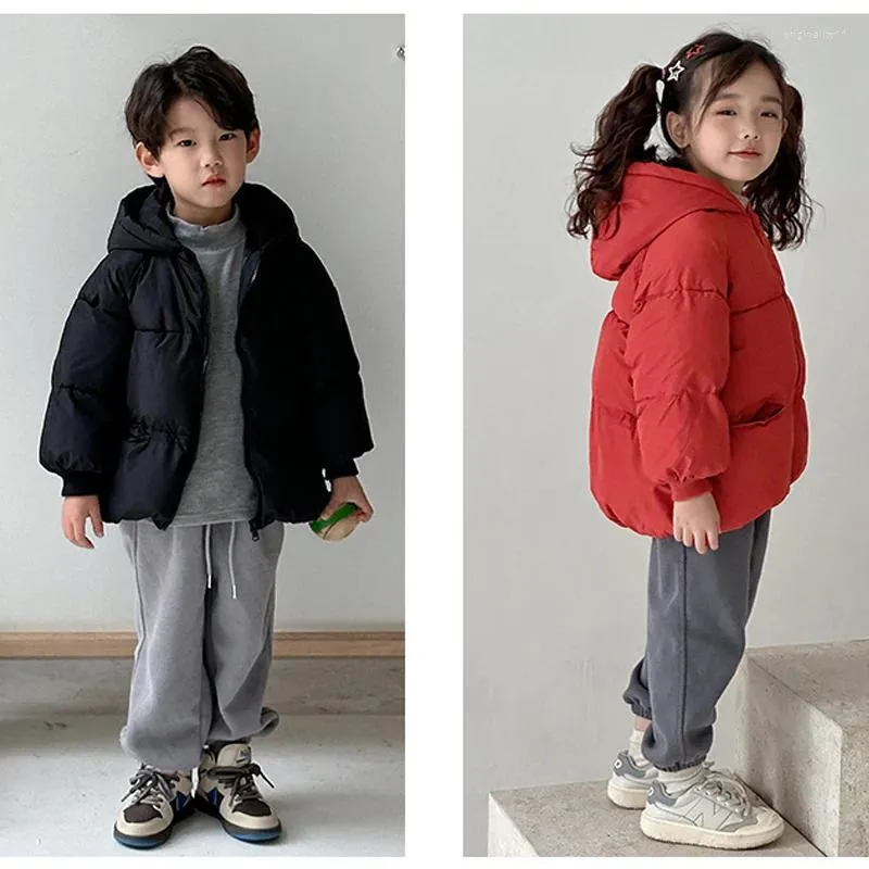 Down Ceket kış artı kadife sıcak kapüşonlu pamuklu ceket 1-7 yaşındaki erkek kız Korece versiyonu kalınlaşan 2023 moda çocuk giyim