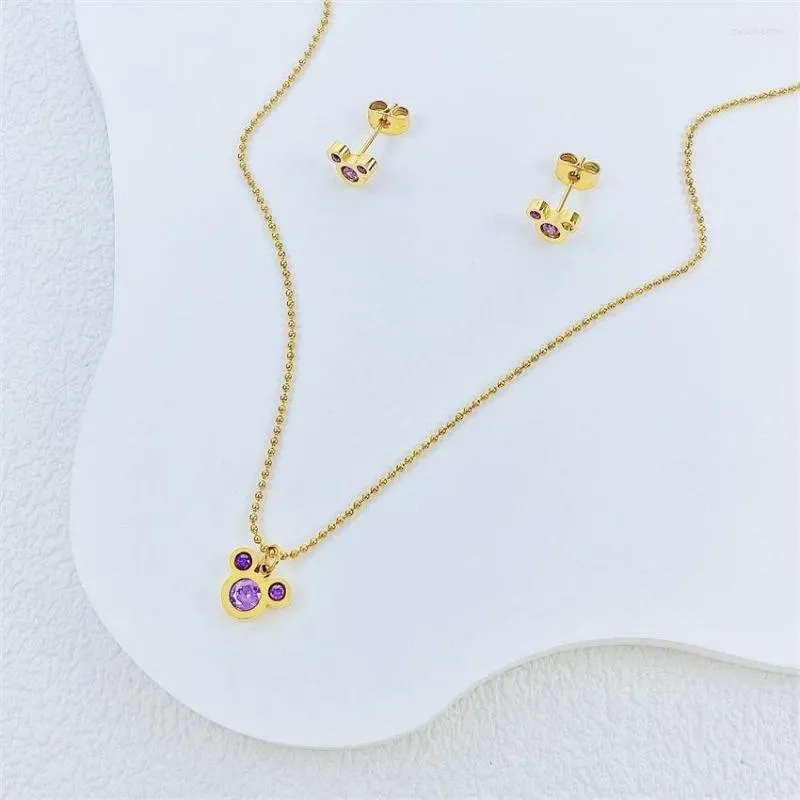 Ketting oorbellen set cartoon kawaii mouse stud titanium roestvrij staal ingelegde zirkoon rose goud kleur mode trendy dames sieraden