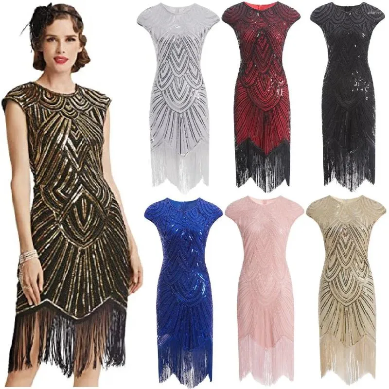 Robes décontractées Robe à paillettes pour femmes des années 1920 avec perles frangées Great Gatsby Vintage Slim Sexy Party Robe de soirée XS-3XL