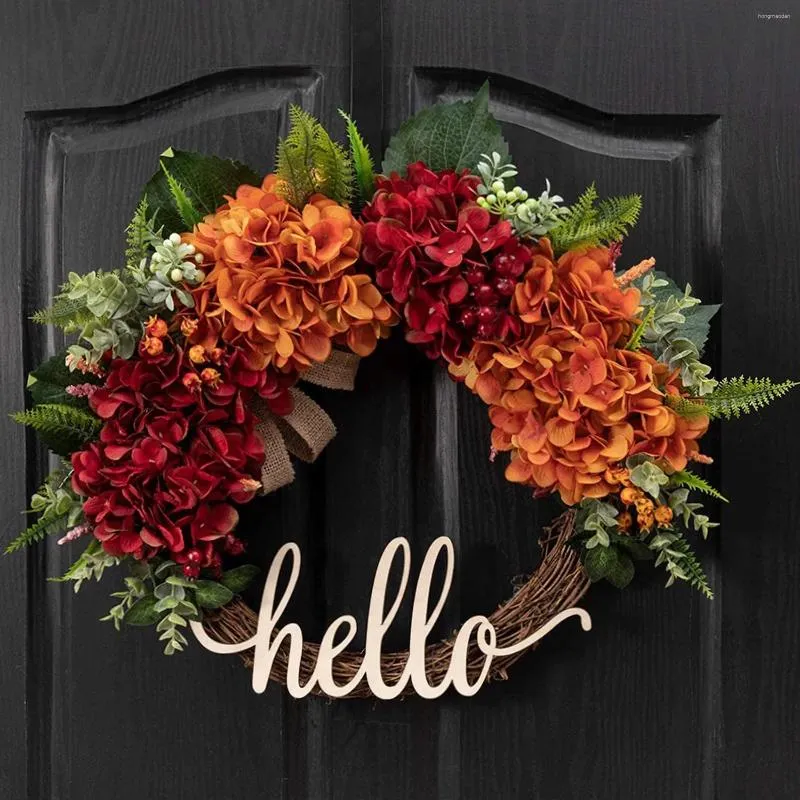 Decorative Flowers 18 Inch Artificial Wreath Hydrangea Front Door Decoration Wall Background Christmas Decor Hello Autumn Home