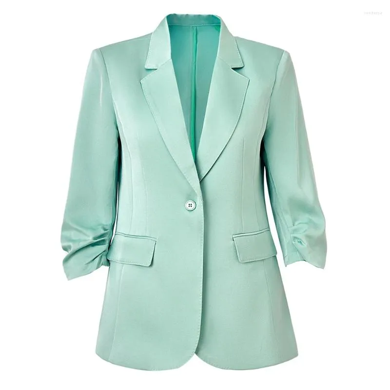 Costumes pour femmes 2023 Summer Chic Solid Silk Blazer pour femmes Costume Slim Fit Élégant Mint Jacket Office Lady One Button Casual Femme Top