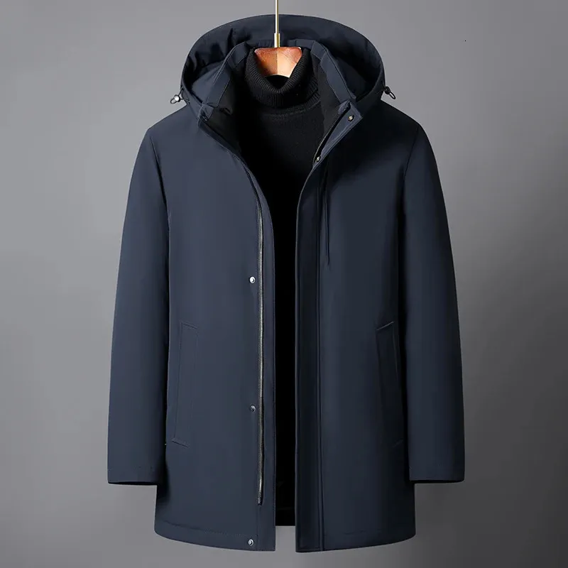 Мужские пуховые парки среднего возраста, мужская куртка, зимняя высококачественная брендовая подкладка, съемная белая утиная куртка с капюшоном, толстая теплая 231101