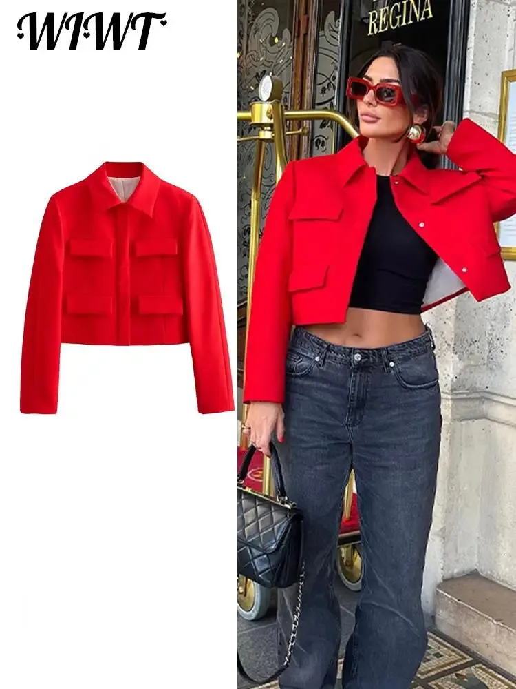 Tvådelt klänning Lapel Pocket Red Jacket Women 2023 Autumn Winter Long Sleeve Single Breasted Casual Short Coat Elegant Office Lady Tops 231031