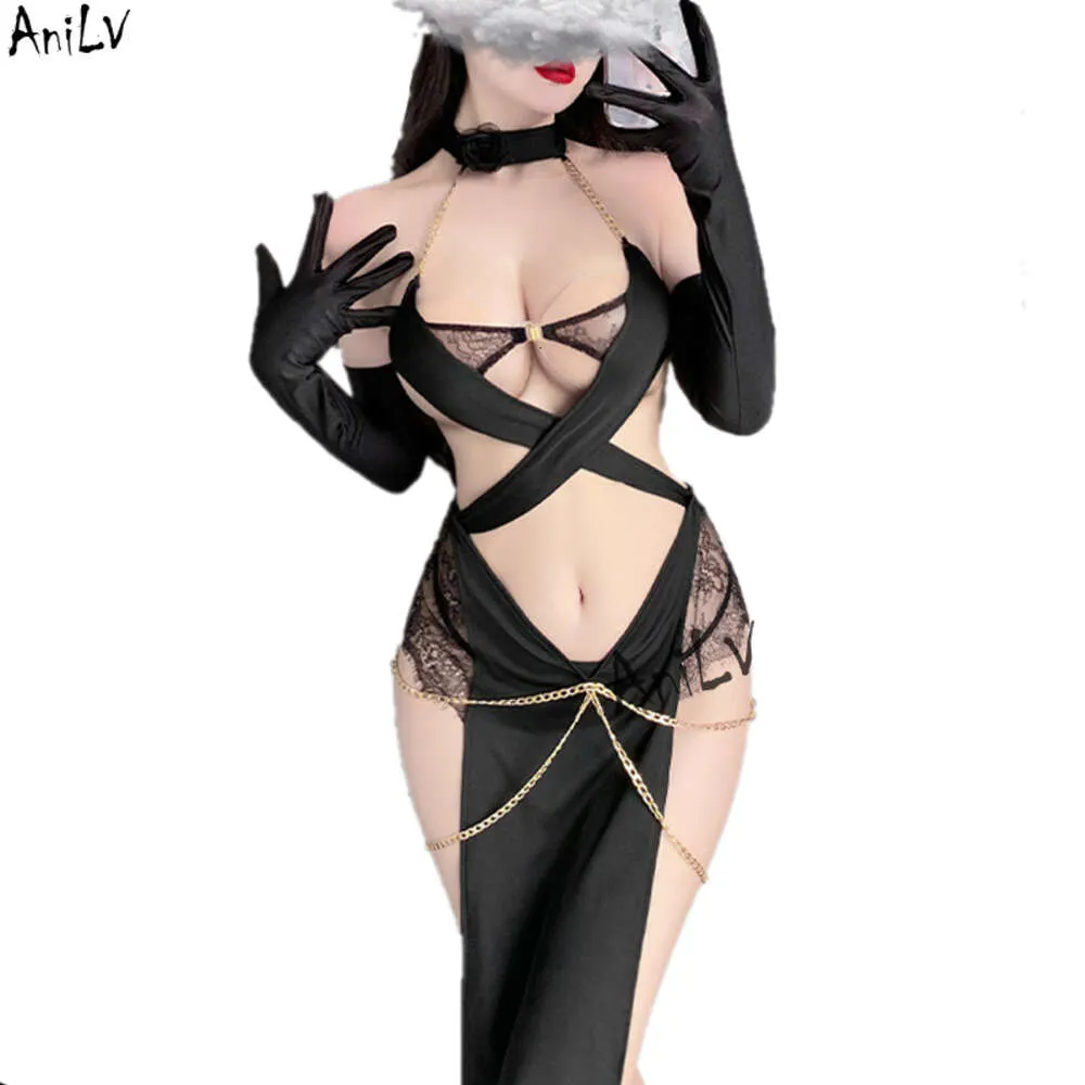 Ani Catgirl Katze uniforme Halloween chat maléfique femmes bande croisée chaîne dorée robe charme tempérament Pamas tenue Costumes cosplay