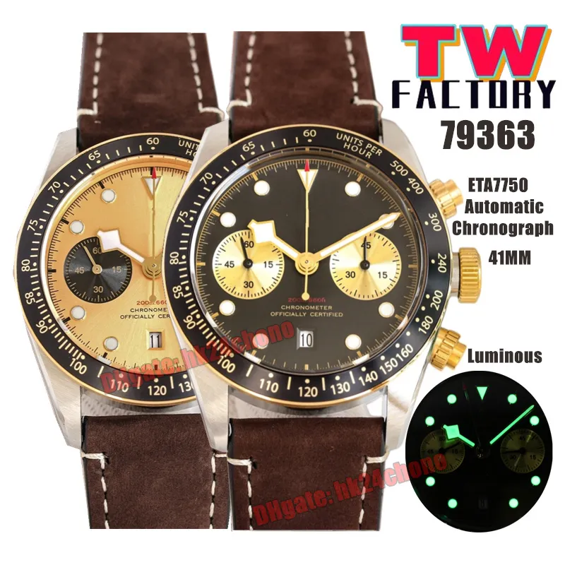 TW Factory Watches TWF acciaio inossidabile 41mm 79360/79363 cronografo automatico ETA7750 orologio da uomo quadrante nero / bianco / champagne cinturino in pelle orologi da polso da uomo