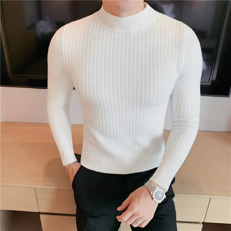 Suéter masculino estilo britânico inverno quente homens gola alta suéteres cor sólida homem coreano casual tricô pullovers harajuku suéteres masculinos S-4XL 231101