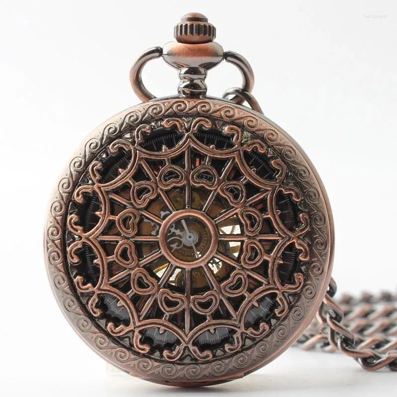 Zakhorloges Hoge kwaliteit Steampunk rood brons uitgehold mechanisch horloge Vintage Romeinse wijzerplaat heren cadeau met ketting