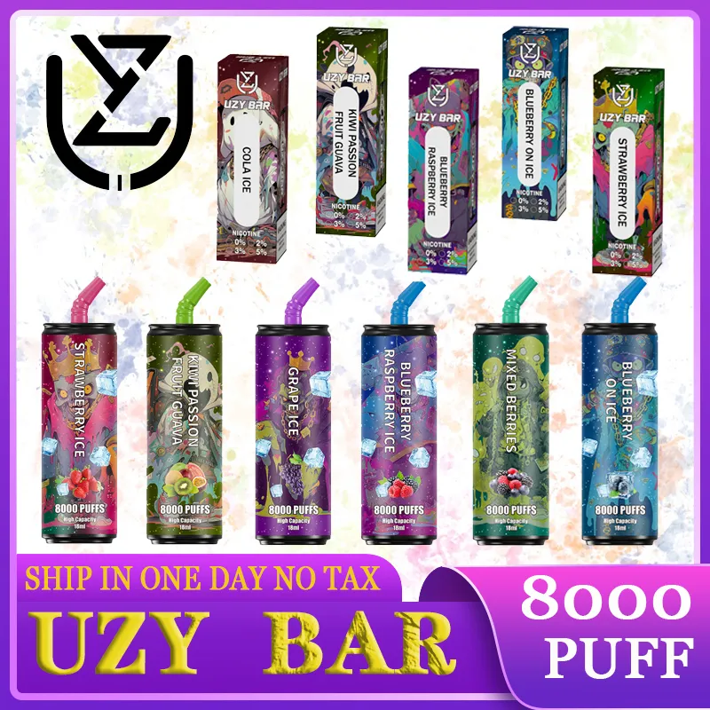 Fu Originele uzy bar 8000 Puffs wegwerpbare e-sigaretten Oplaadbare vape pen Device 8K Puff 8000 1100mAh 14 ml Cartridges Pod Mesh Coil Vaporizers met lanyard 0% 2% 3% 5%