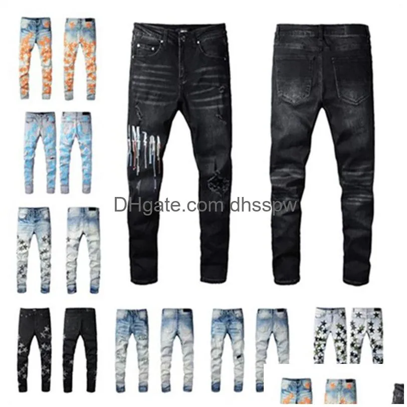 Designer jeans män denim broderi byxor mode hål byxa oss storlek 28-40 hiphop dog blixtlåsbyxor för manlig 2022 topp drop del dhhct