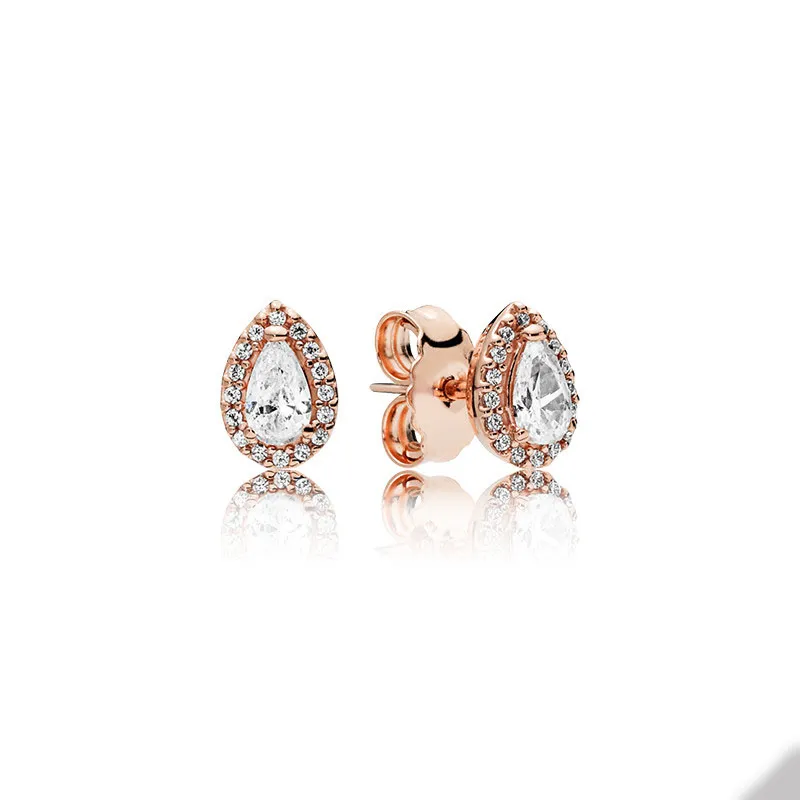 Roségouden traanhalo Stud -oorbellen voor Pandora 925 Sterling Silver Wedding Earring Set voor vrouwen Vriendin Gift CZ Diamond Earring met originele doos