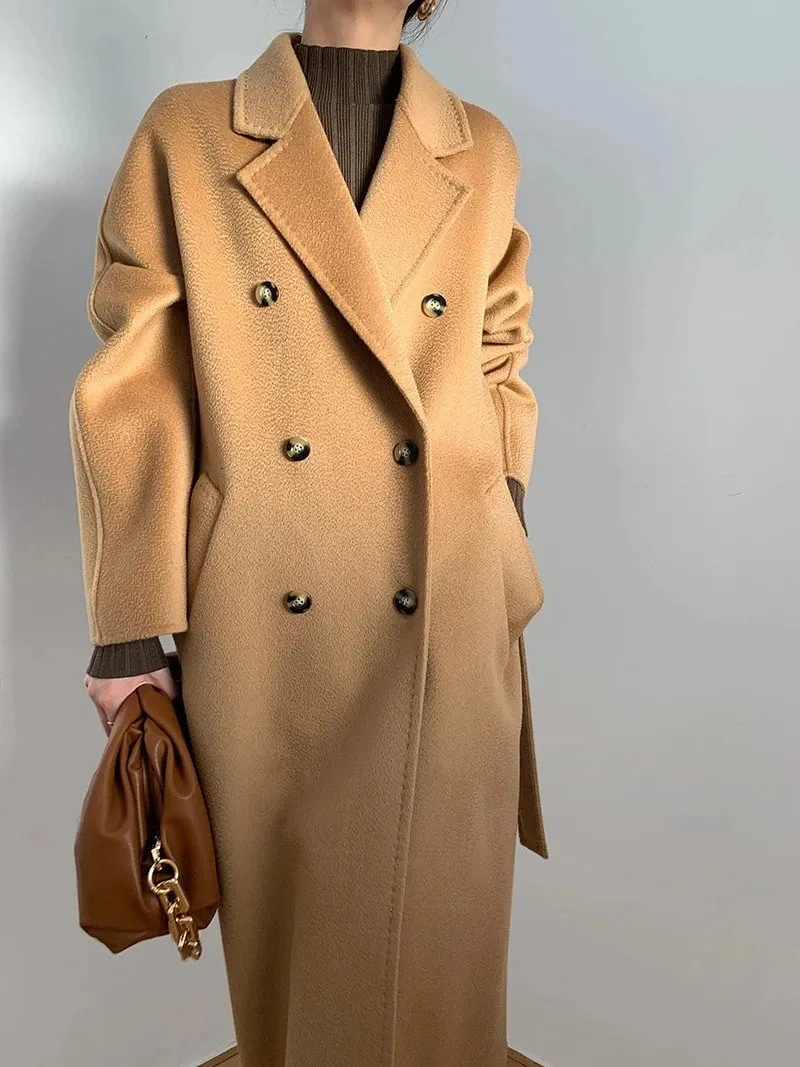 Mulheres misturas de lã inverno 20% casaco de caxemira feminino comprimento médio solto casaco de lã preta mulheres ondulação moda outono duplo breasted camelo casaco vermelho 231101