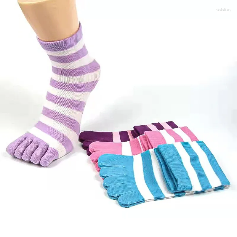 Women Socks 6 Pairs Colorful Striped Printed Five Fingers Mid Tube Funny Cotton Feet Fashion Breathable Toe Ankle