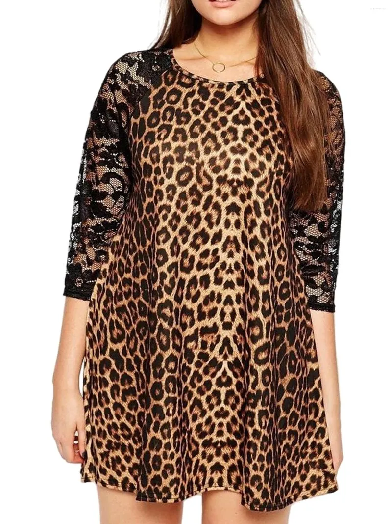 Plus Size Dresses Elegant Spring Autumn 3/4 Lace Sleeve Leopard Dress Women Casual O-Neck Swing Female Large Tunic 8XL