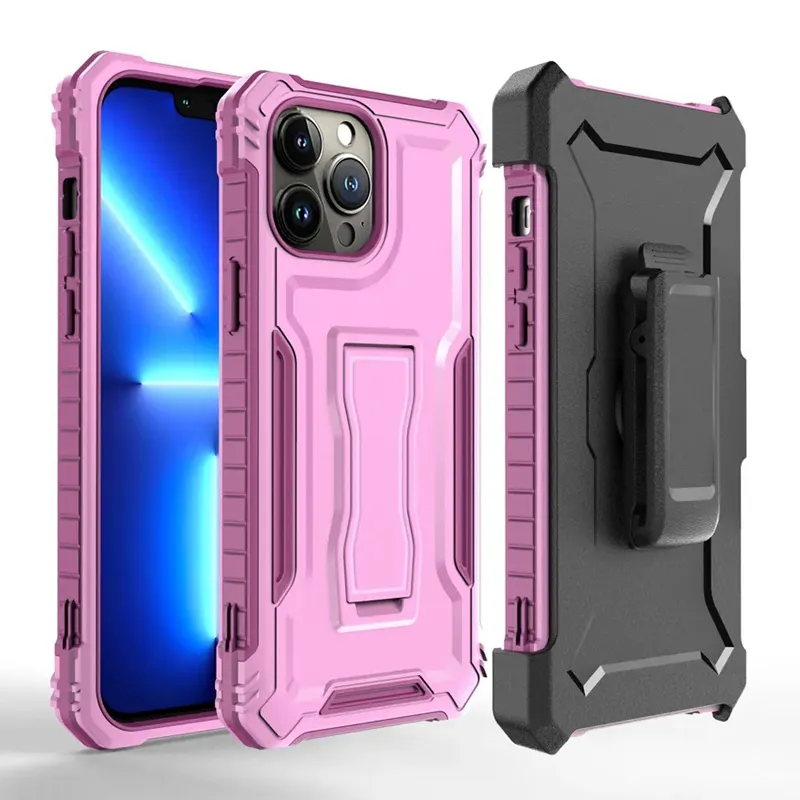 Étuis de téléphone Kickstand Defender pour iPhone 15 Pro Max 14 Plus 13 Mini 12 Armure robuste Couverture complète robuste Combo Holster Coque antichoc avec clip ceinture