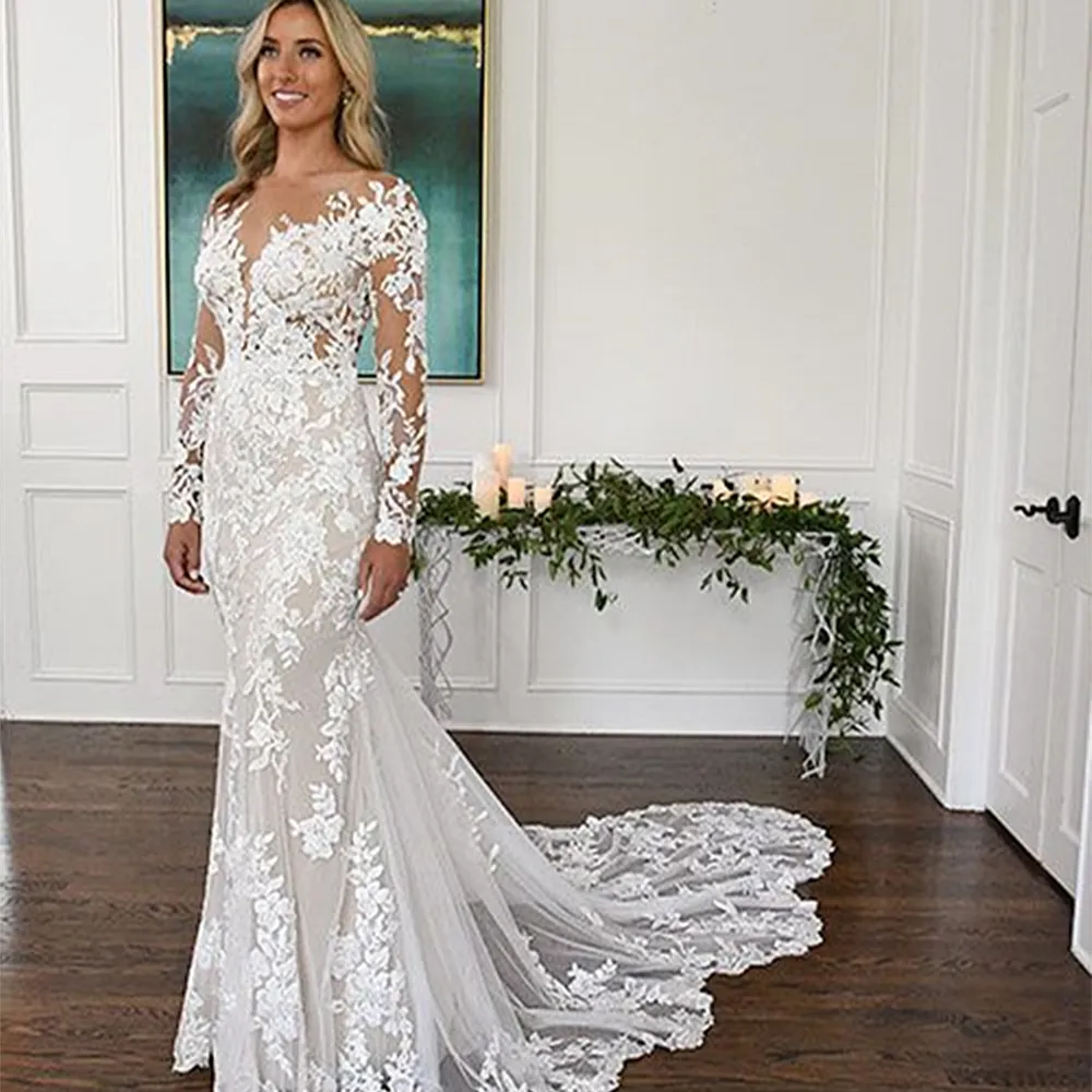 Sexy rückenfreies Strand-Spitze-Hochzeitskleid mit langen Ärmeln Mermaid Bohemian Brautkleider Sheer Neck Applique Sommer Vestido De Novia 2023