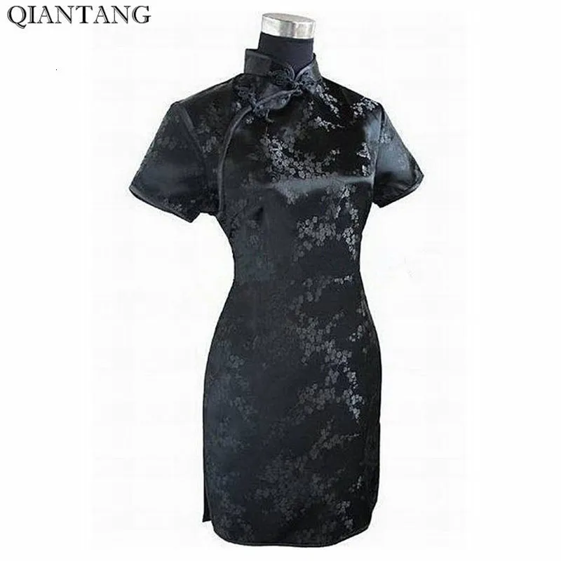 Sıradan Elbiseler Siyah Geleneksel Çin Elbise Mujer Vestido Kadınların Satin Qipao Mini Cheongsam Çiçek Boyutu S M L XXL XXXL 4XL 5XL 6XL J4039 230331