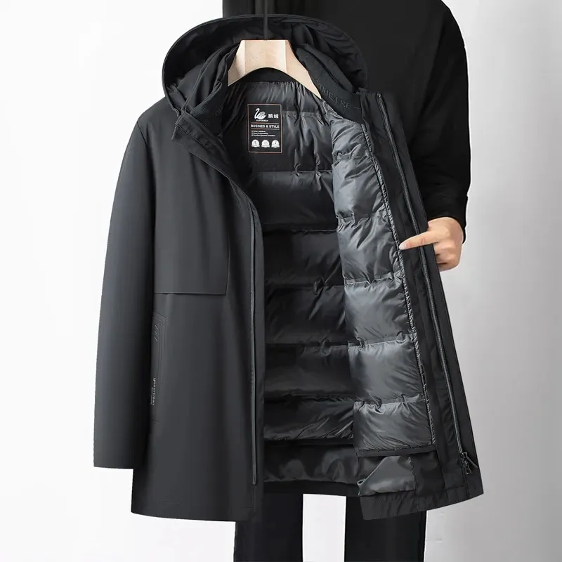 メンズジャケットは温かい90ガチョウのジャケット冬のビジネスカジュアルリムーバブルライナーフード付きパフコートアウトウェアソリッドフィックパーカー231031