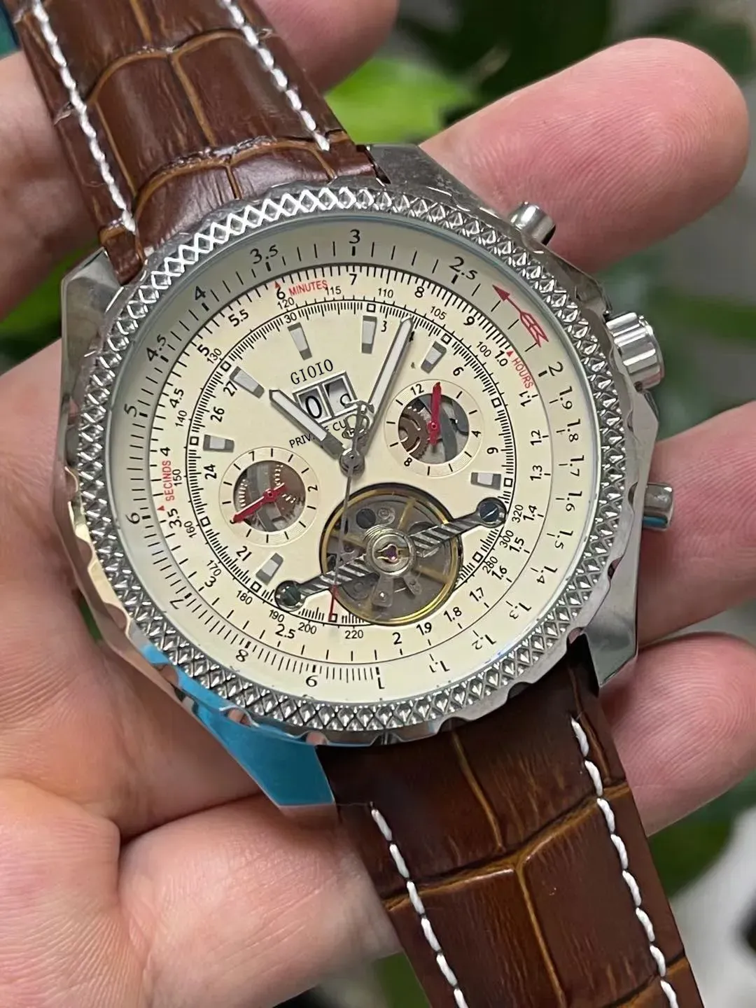Mens Automatyczne zegarek mechaniczny czarny brązowy skórzany pasek stalowy 44 mm swobodny męski zegarek