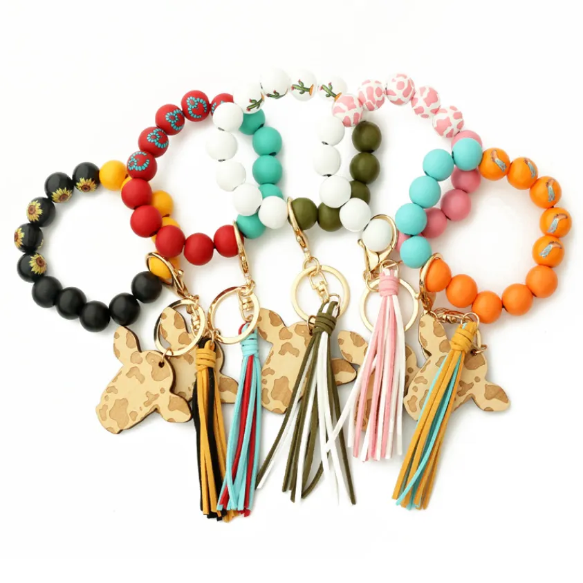 Cow Beads Leather Tassel Cute Cow Wood Bull Wooden Bead Wristlet Sliced Beef Head Western Denim Bracelet Cow Print Keychain FY3451 bb0401