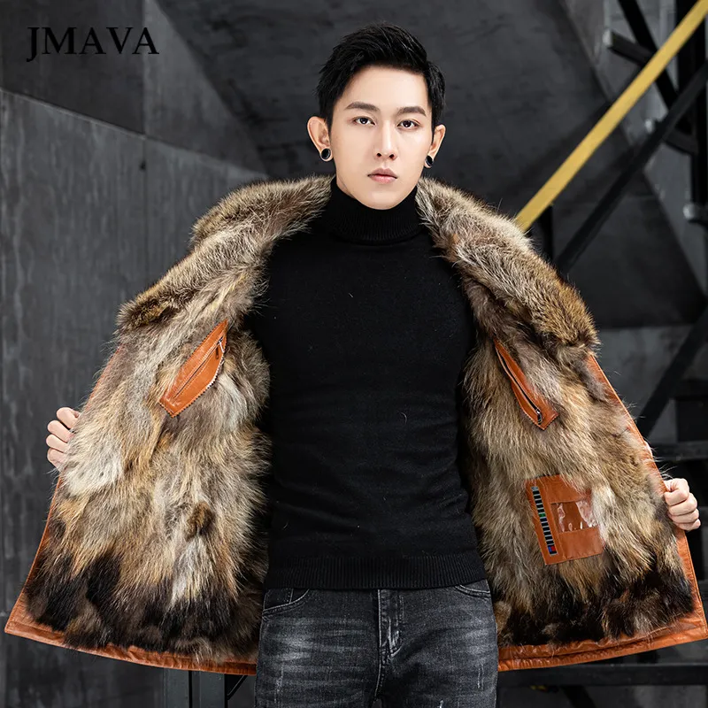 Genuine Leather Jacket Raccoon Fur Coat Mens Winter Clothes Windbreakes Outerwear Overcoat Plus Size Black Brown