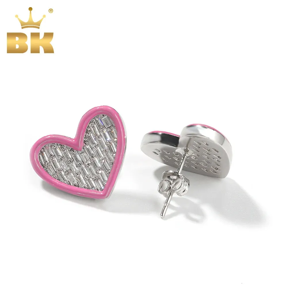 Stud THE BLING KING Baguettecz Herz Ohrringe Rosa Grün Blau Öl Iced Out Mode Luxus Schmuck Geschenk für Frauen 231101