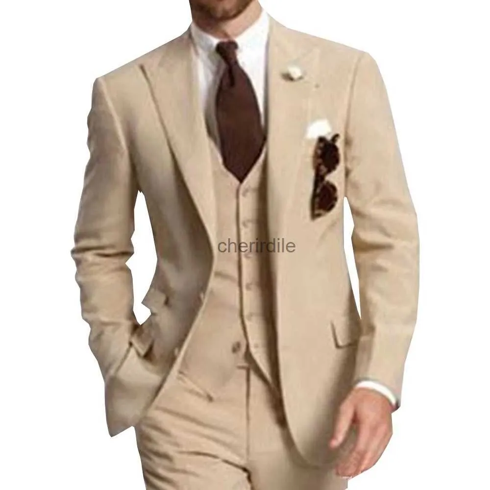 Herrenanzüge, Blazer, Champagner, 3-teilig, Business-Party, beste Herrenanzüge, spitzes Revers, zwei Knöpfe, maßgeschneidert, Hochzeit, Bräutigam, Smoking, 2023, Jacke, Hose, Weste, YQ231101