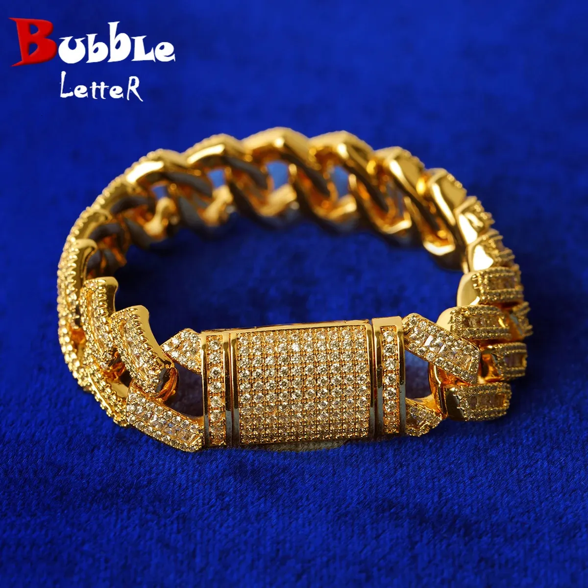 Charme Pulseiras Bolha Carta Cuban Link Chain Pulseira para Homens Real Cobre Baguette Sharp Hip Hop Jóias Presente 231101