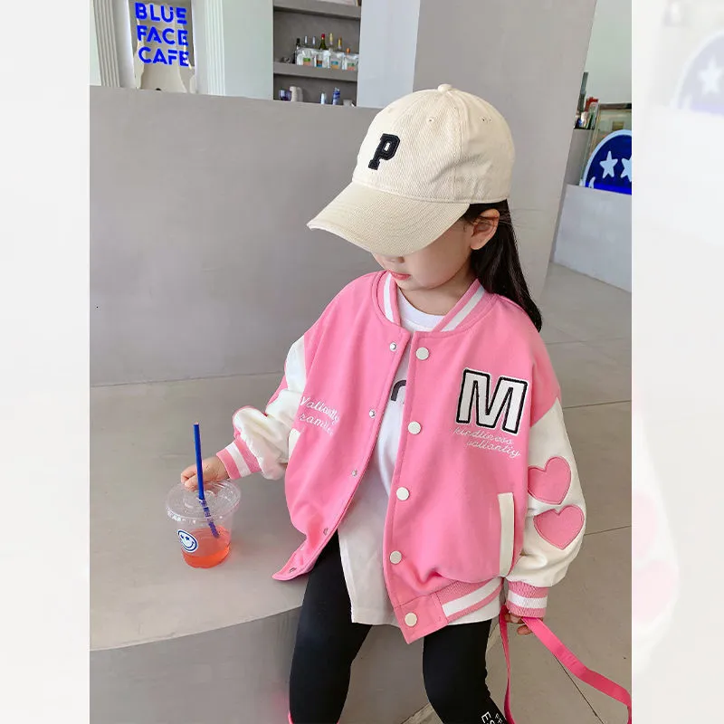 Vestes Mignon Printemps Automne Filles Veste Lettre Imprimer Survêtement Enfants Casual Baseball Uniforme Toddler Contraste Couleur Couture Sport Outwear 230331