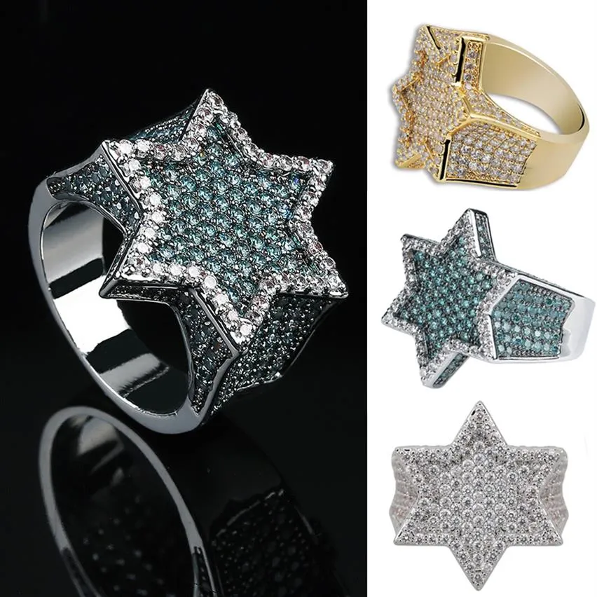 Real Gold & White Gold Dark Green Iced Out Cubic Zirconia Hexagonal Star Finger Band Ring Color Preserve Bling Diamond Rapper Ring293F