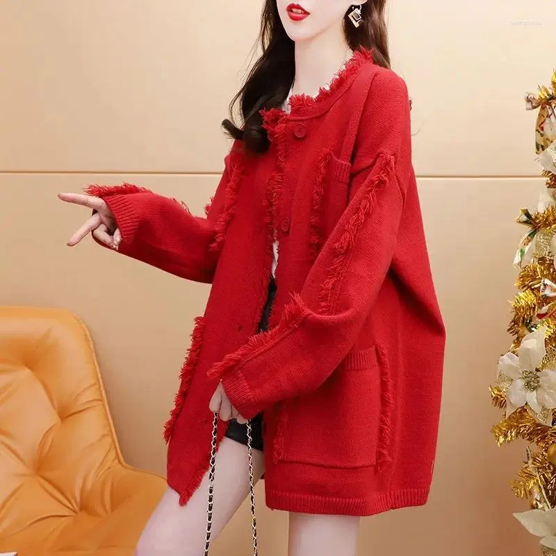 Женский вязаный осенний модный свитер средней длины, красный ленивый стиль, дизайн с круглым вырезом, свободный вязаный свитер, кардиган, тренд