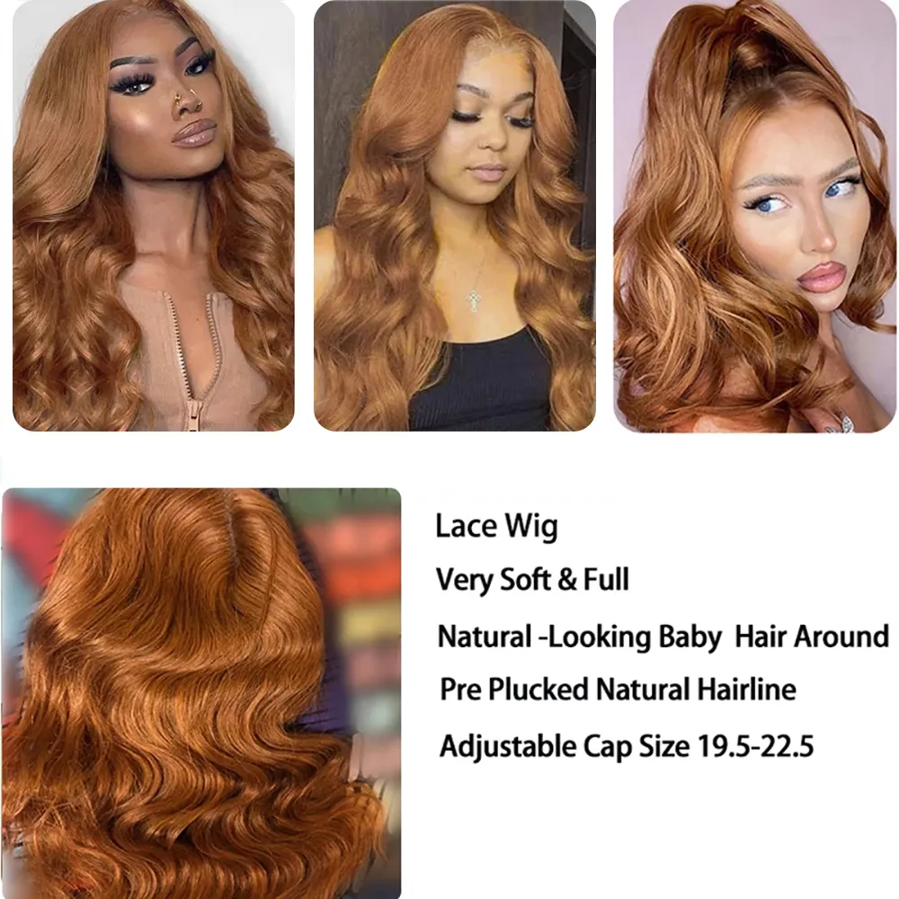 Honey Blonde Body Wave Perruques en dentelle pour les femmes noires Perruque en dentelle blonde au gingembre synthétique pré-plumée avec des cheveux de bébé 180% Densité Wigsfactory direct