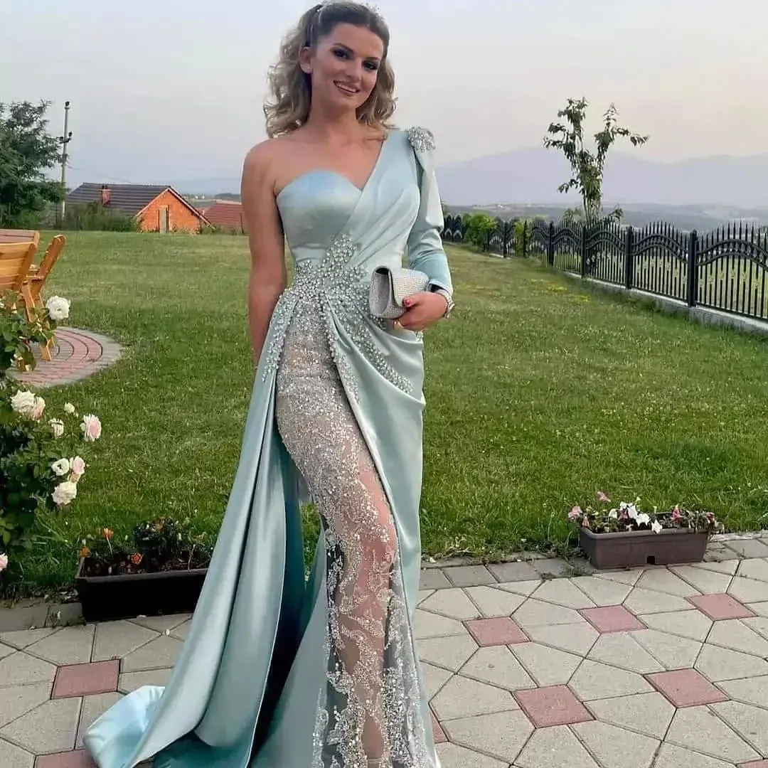 2024 vestido de noite de renda de luxo um ombro manga longa sereia ruched cetim frisado feminino formal plus size baile de formatura vestido de festa de aniversário robe de soiree