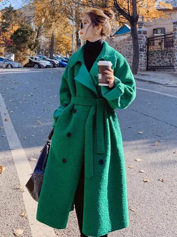 Women's Fur LANMREM Korean Style Lamb Long Coat Women Solid Color Lapel Belt Gathered Waist Autumn Clothing Fashion 2023 23284