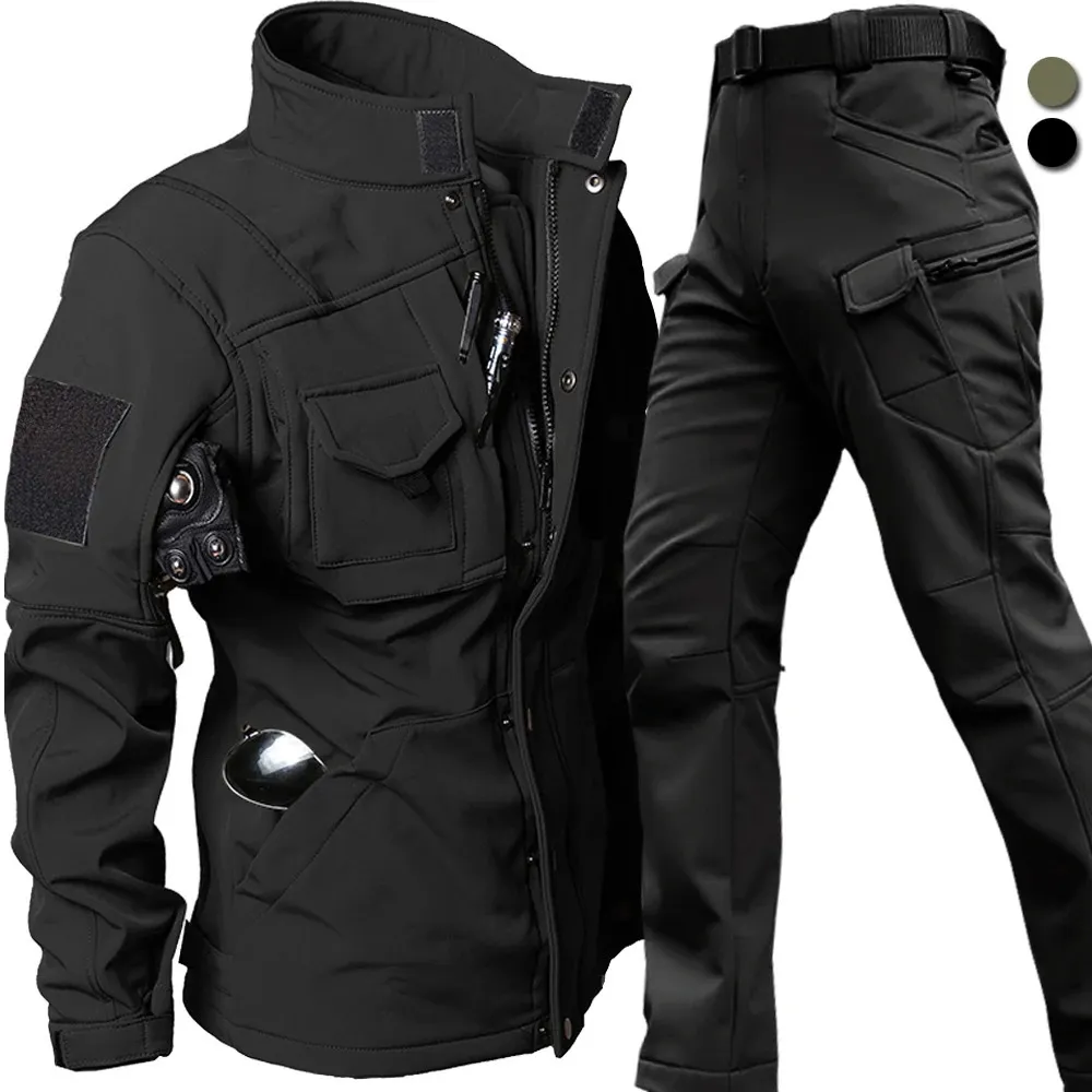 Женские брюки из двух частей, ветрозащитный водонепроницаемый байкерский костюм, мужские тактические куртки, зимние комплекты из кожи акулы, военная униформа с мягкой оболочкой, теплые флисовые пальто 231031