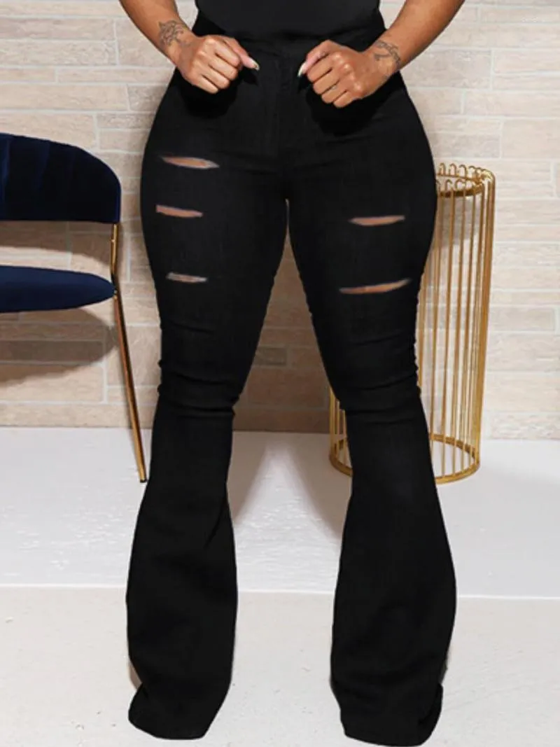 Pants LW Plus Size Ripped Flared Black Women Retro Solid Hole Jeans Flare Trousers Skinny Casual High Waist