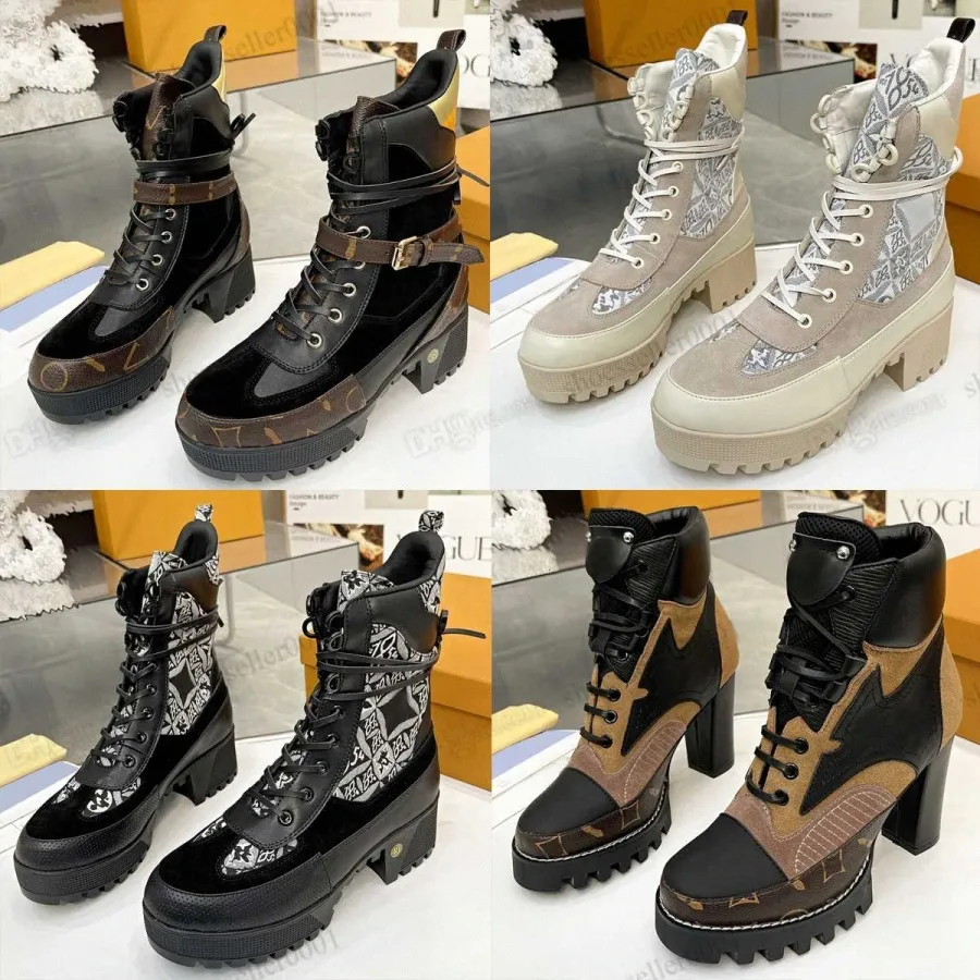 Laureate Plateaustiefel Designer Damen Flamingos Love Arrow Medal Martin Boot Winter echtes Leder grobe High Heel Schuhe Luxus Desert Chunky Heele