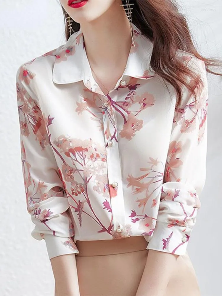 Kvinnors blusar Spring Autumn Polo-Neck Pink Floral Printing Sweatshirt Damer Långärmad elegant mode All-Match-knappar Blus Top