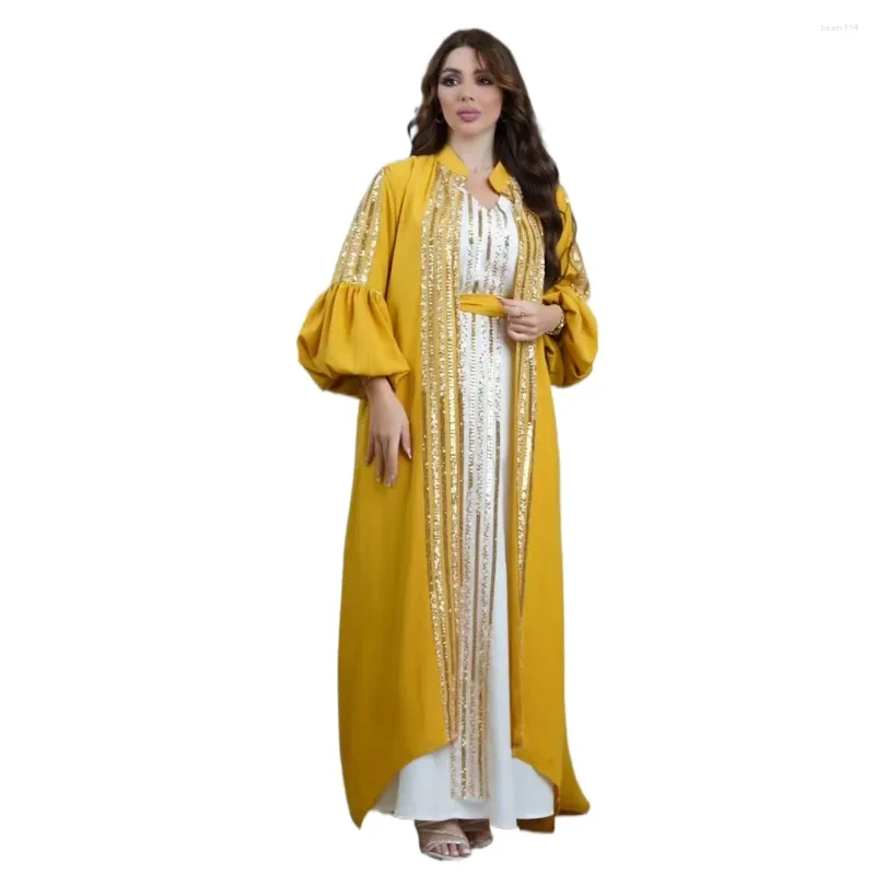 Abbigliamento etnico Abaya con paillettes Set da 2 pezzi Lungo islamico Elegante cintura da festa Manica a sbuffo Abiti da sera in chiffon dorato Donne musulmane