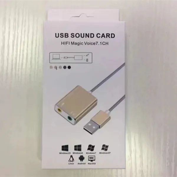 알루미늄 합금 외부 노트북 사운드 카드 USB 2.0 가상 7.1 채널 오디오 어댑터 박스 패키지가있는 PC Mac 용 와이어가있는 채널 오디오 어댑터