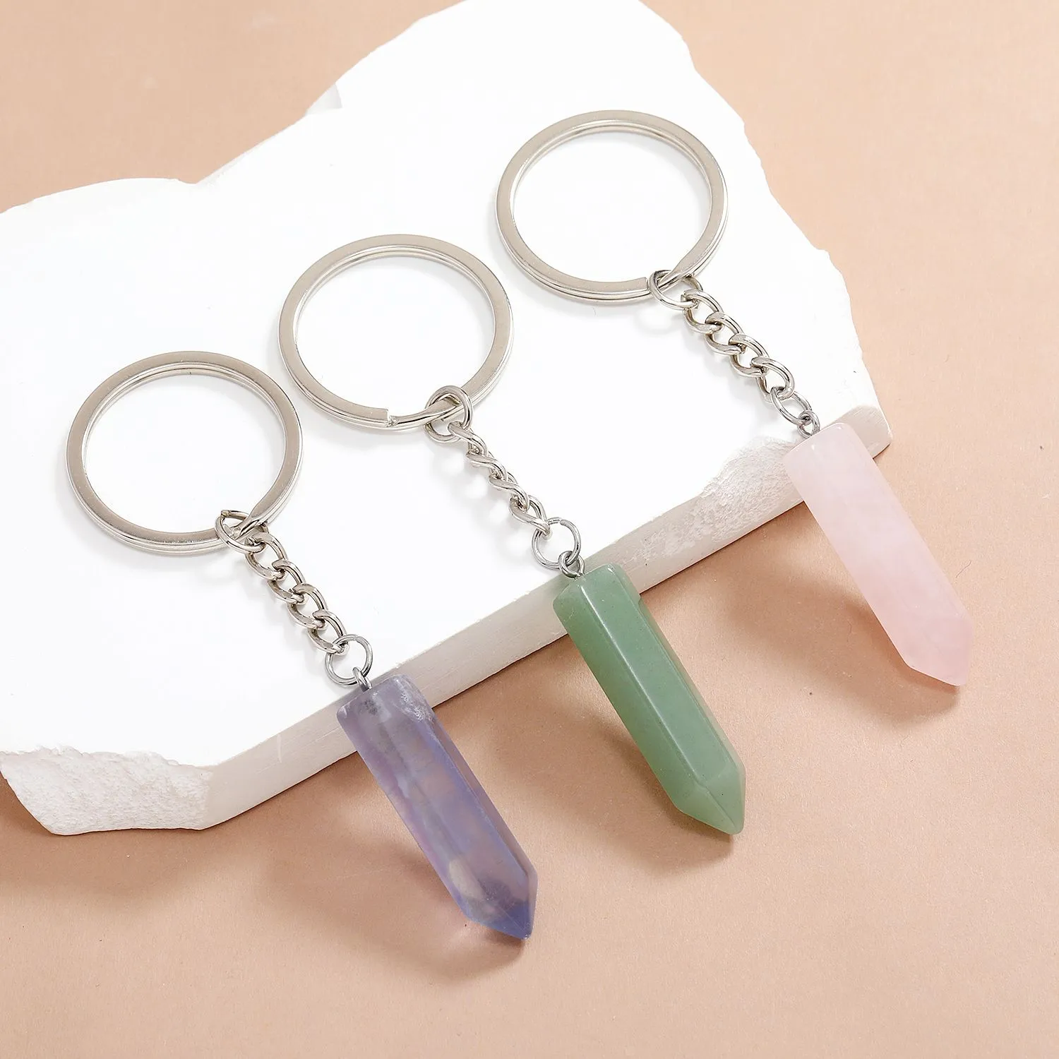 New Crystal Opal Natural Stone Hexagonal Column Shape Pendant Keychain Keyring Fashion Accessorie Gift