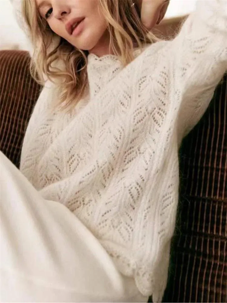 Damestruien Mohairwolmix Dame Gebreide trui met lange mouwen Pullover Tops 2 kleuren Uitgeholde gehaakte gebreide trui voor 2023 Winter