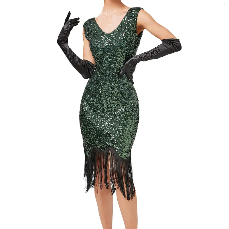 Casual klänningar 1920-talets vintage Great Gatsby Party Dress Women Sexig V-ringad ärmlös pärlstreckad paljett Tassel Dance Flapper Midi