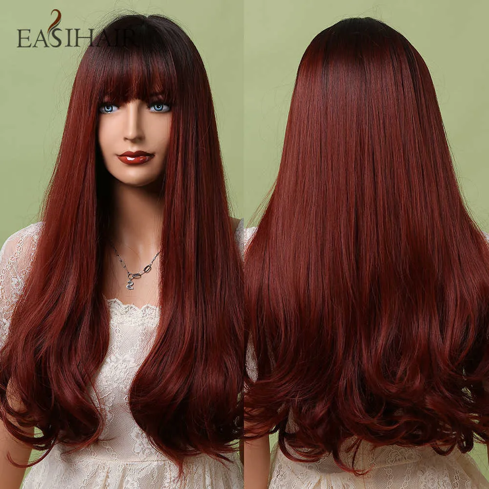 합성 가발 Easihair Burgundy Red Long Synthetic Wigs Black to Dark Ombre for Women Natural Bangs Wine Cospay 230227